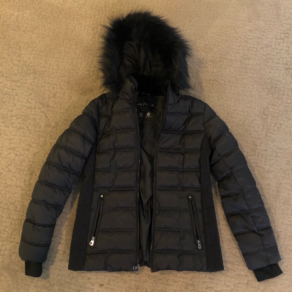 Nautica Women's Black Puffer Jacket with Faux Fur Trim Hood.